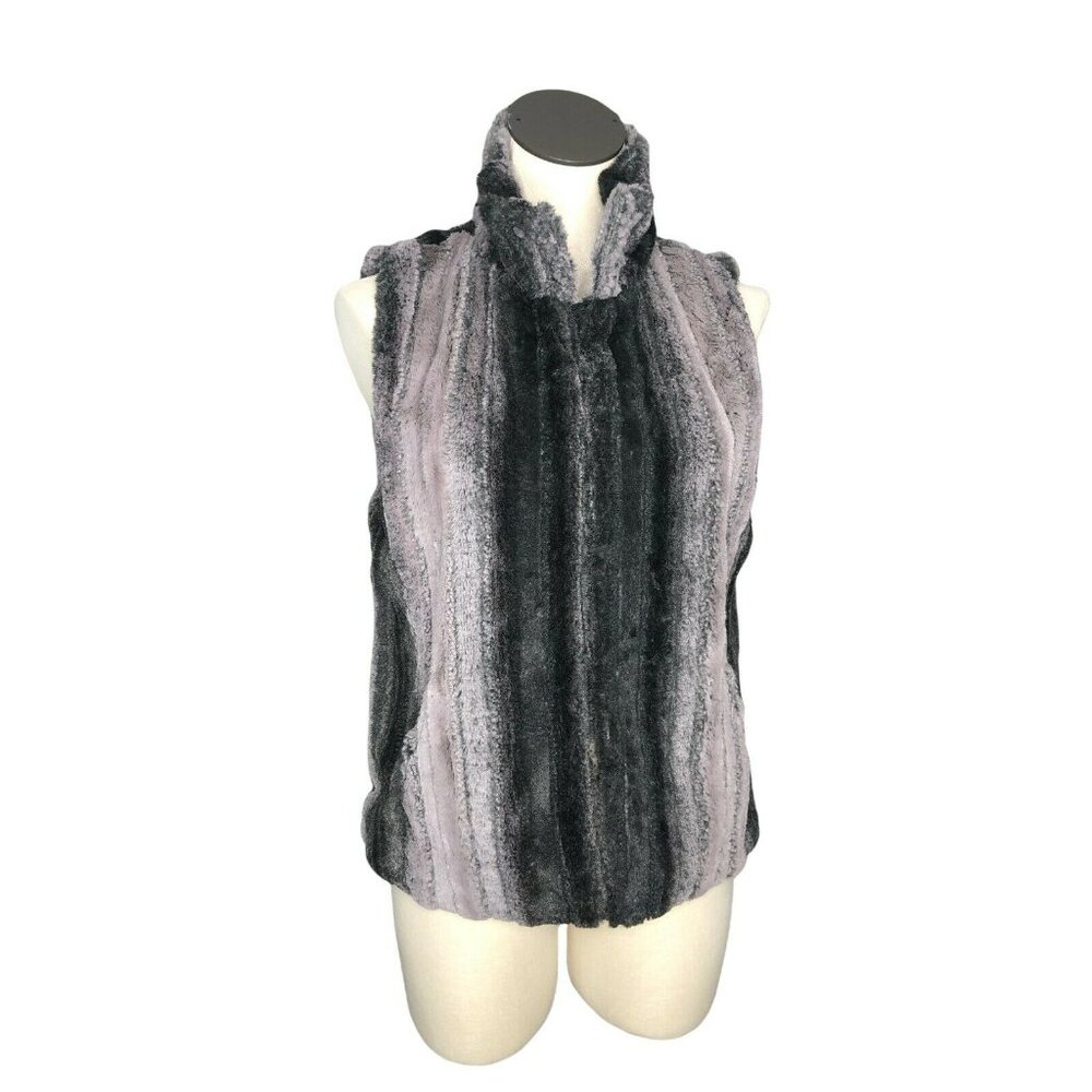Cejon Faux Fur Vest Womens M Gray Black Hook n Loop High Collar Lined Pockets - Picture 2 of 10